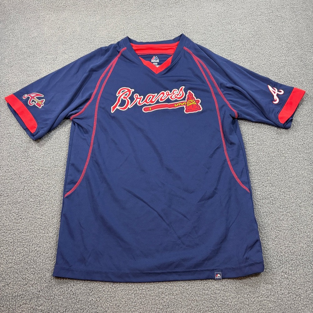 Majestic Atlanta Braves Jersey Mens Medium Blue Red MFBG MLB Baseball Raglan